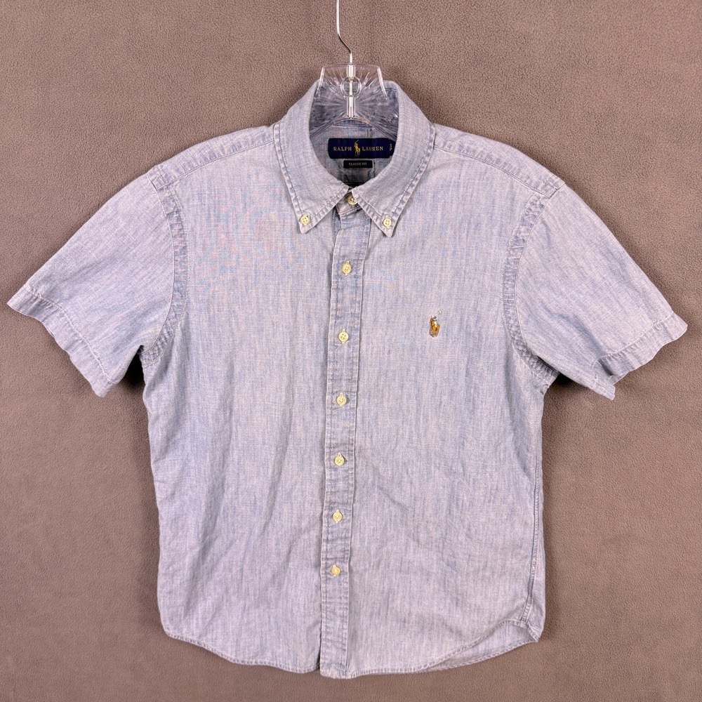 Ralph Lauren Chambray Button Down Shirt Mens Small Blue Short Sleeve Classic Fit